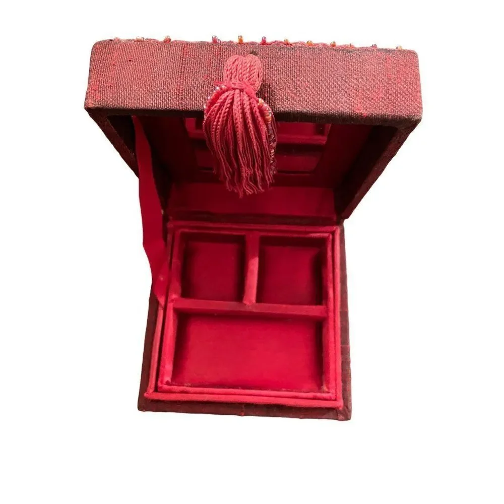 Vintage Red Jewelry Box with bead and tassel 4 x 4 x 3 mirror & removable insert
